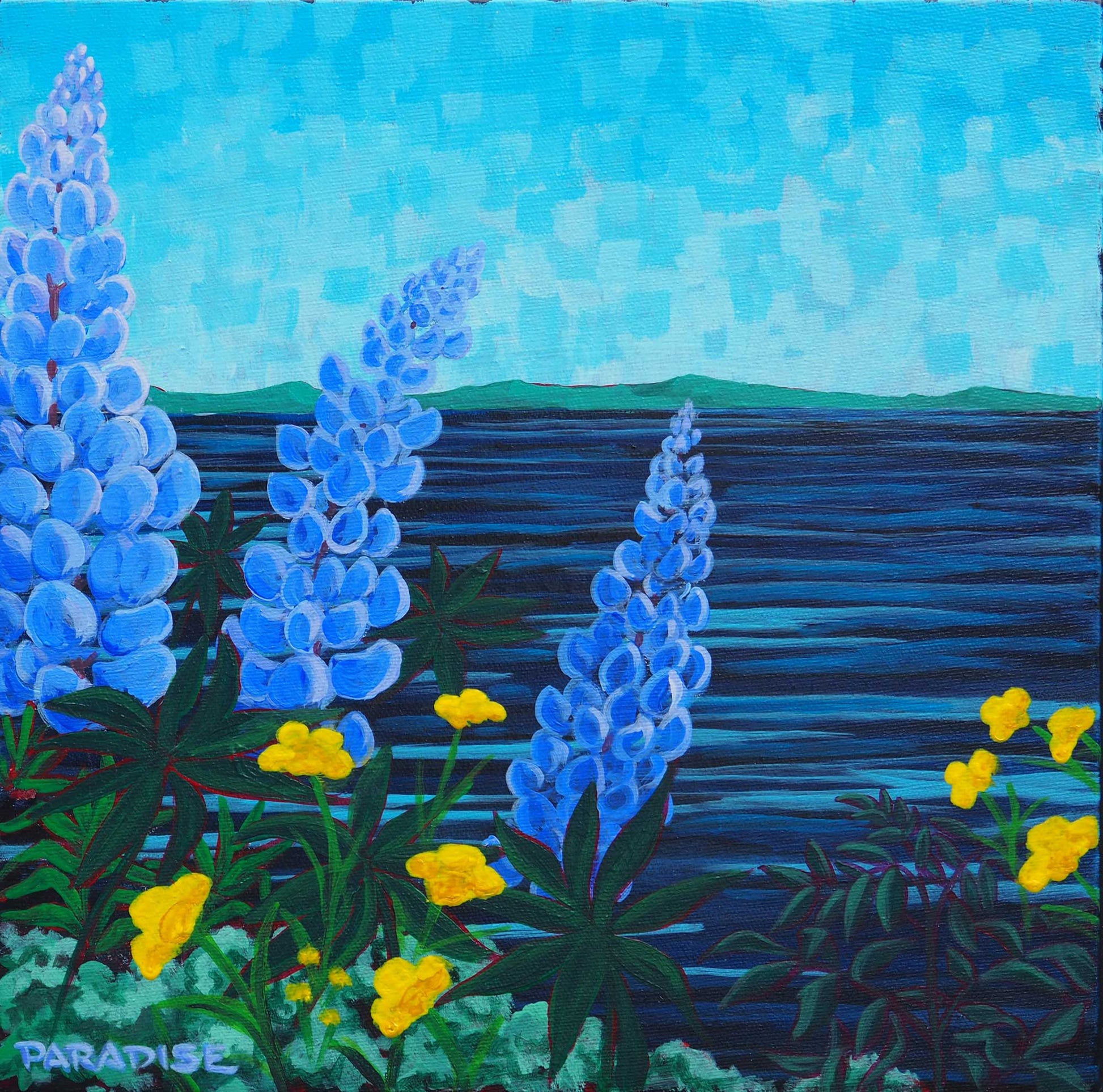 Lupin season in the Maritime region nova scotia on the Atlantic Ocean. blue vibrant sky original painting by a professional Canadian landscape artist. visual art ready to hang on your wall.