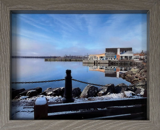Reflection Pictou Waterfront Marina bar, on a calm winter day.   High quality photography 7,5 x 9,5 inches recovered with resin in a classic frame 9 x 11 inches. Ready to hang.