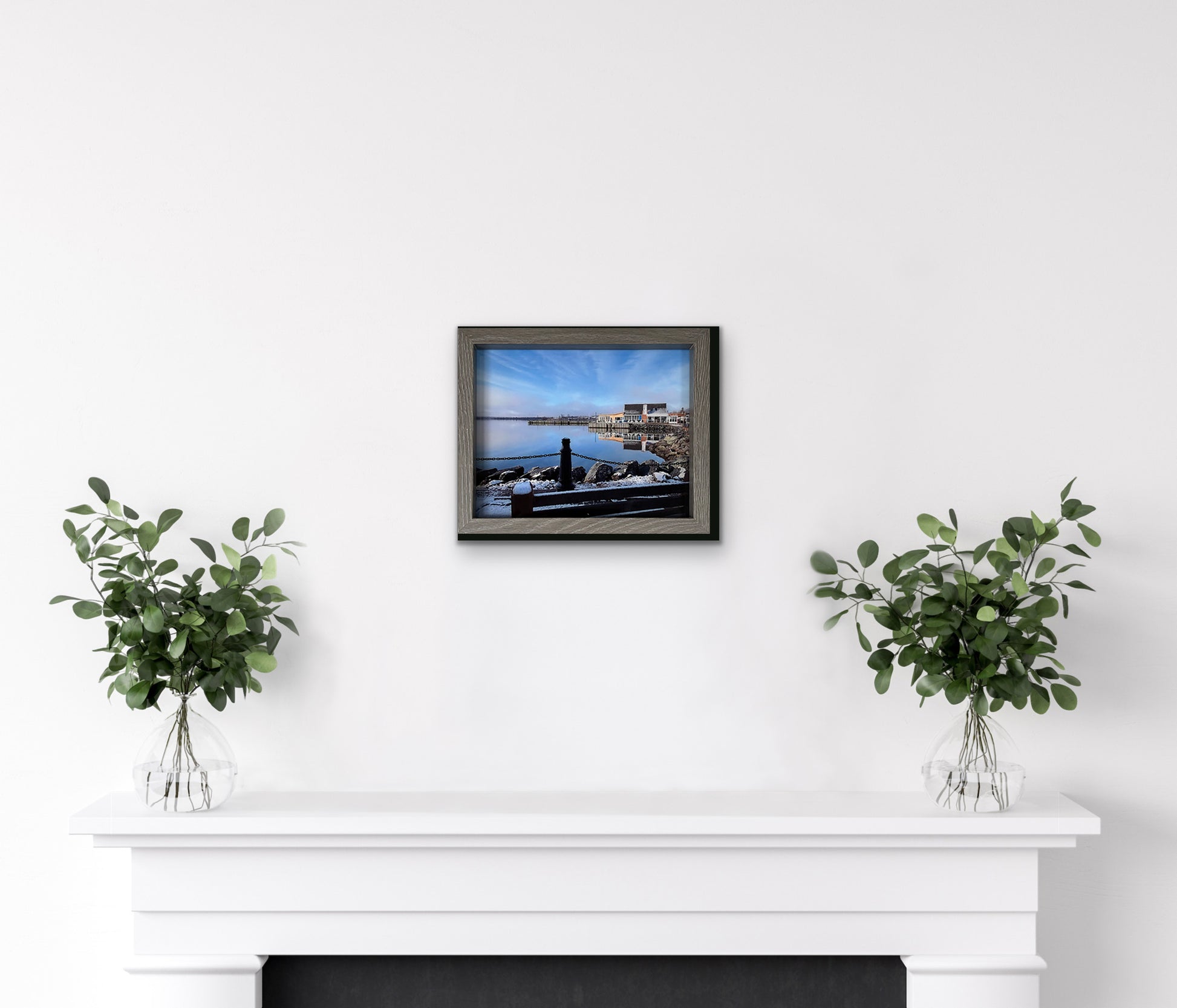 Reflection Pictou Waterfront Marina bar, on a calm winter day.   High quality photography 7,5 x 9,5 inches recovered with resin in a classic frame 9 x 11 inches. Ready to hang.