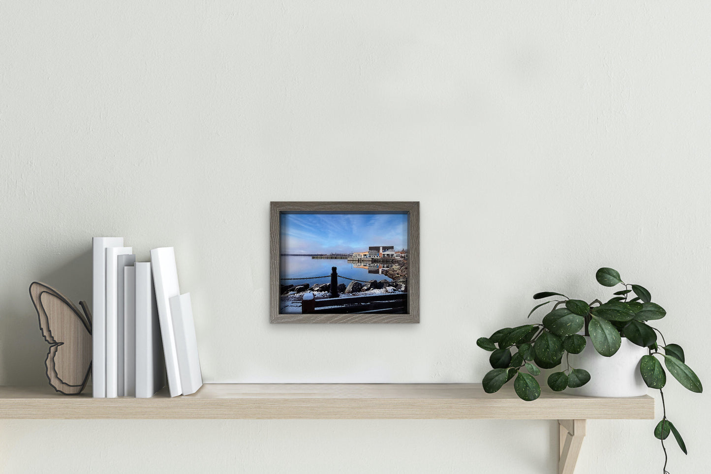 Reflection Pictou Waterfront Marina bar, on a calm winter day.   High quality photography 7,5 x 9,5 inches recovered with resin in a classic frame 9 x 11 inches. Ready to hang.