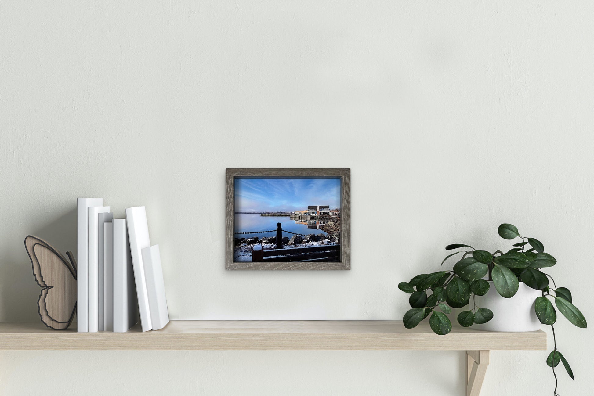 Reflection Pictou Waterfront Marina bar, on a calm winter day.   High quality photography 7,5 x 9,5 inches recovered with resin in a classic frame 9 x 11 inches. Ready to hang.