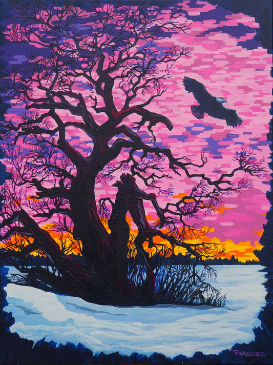 bald eagle watching over is domain, dazzling beauty of a sunset over the Atlantic Coast harbour with breathtaking hues of pink and pyroll orange. vibrant sky original painting by a professional Canadian landscape artist. visual art ready to hang on your wall.