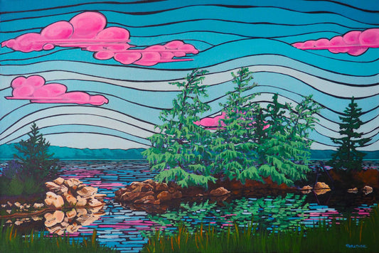 Colourful vibrant blue sky with pink clouds representing a typical Atlantic coast scene with mossy trees and reflexion in water. Original modern painting by a professional Canadian landscape artist. visual art ready to hang on your wall.
