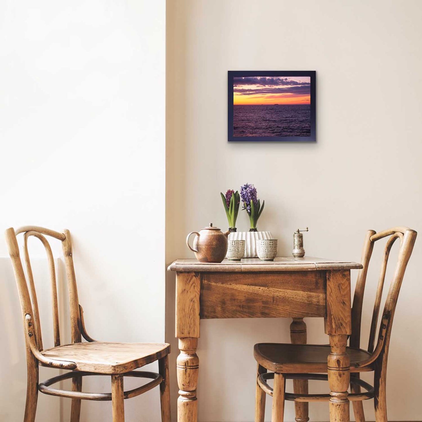 Yellows, oranges and purples make for splendid sunsets.  High quality photography 10.5 x 13.5 inches recovered with resin in a violet frame 12.5 x 15.5 inches.  A relaxing moment in your favorite room.