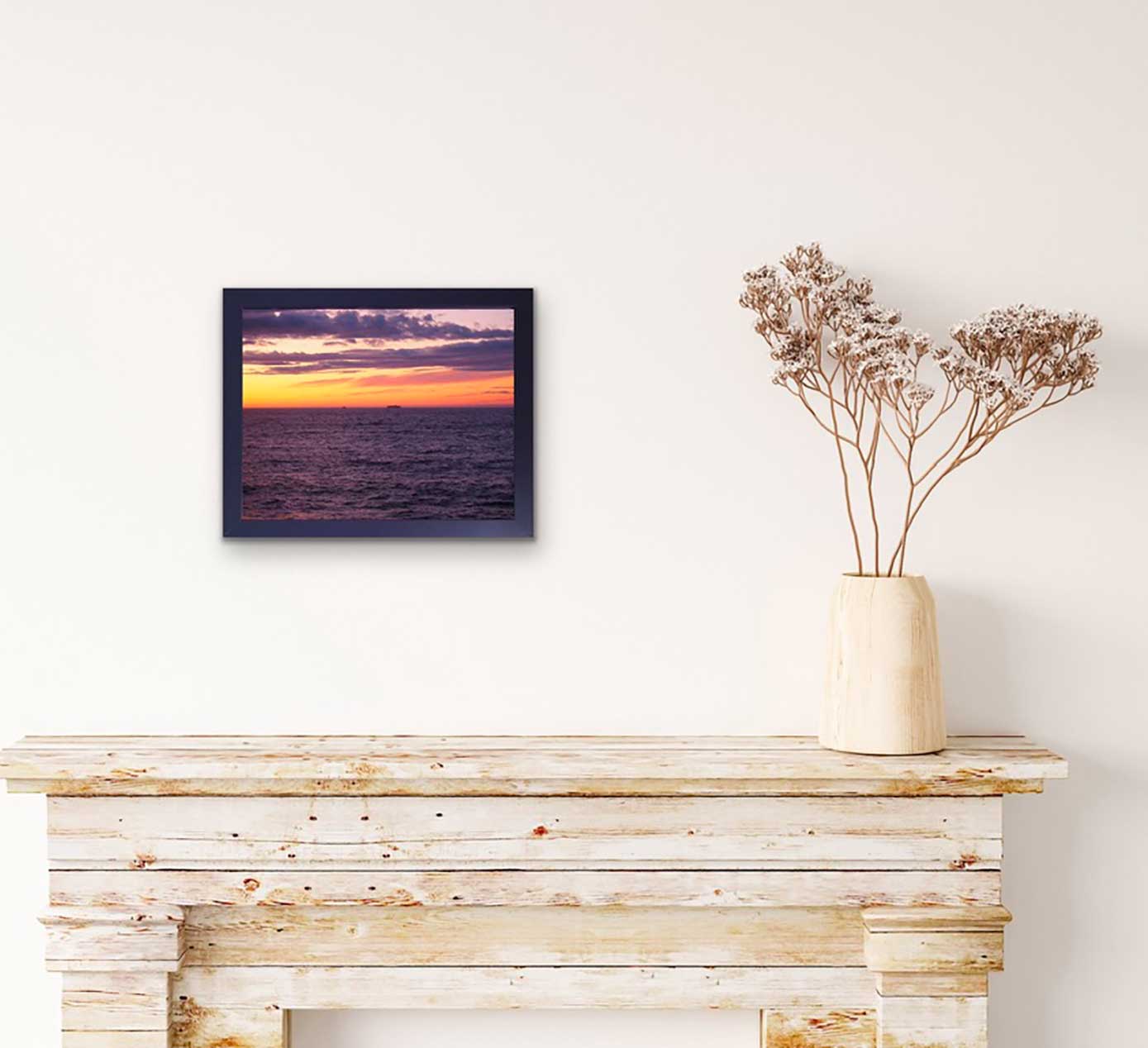 Yellows, oranges and purples make for splendid sunsets.  High quality photography 10.5 x 13.5 inches recovered with resin in a violet frame 12.5 x 15.5 inches.  A relaxing moment in your favorite room.