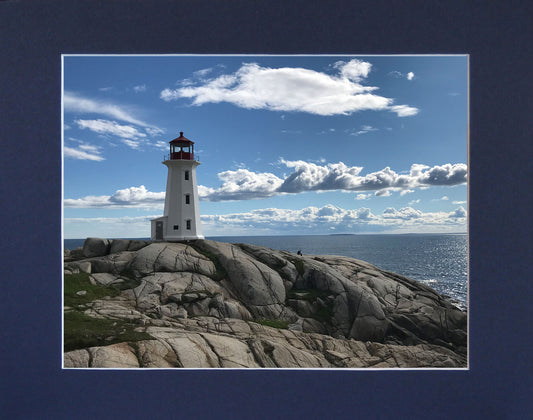 The Peggys Cove Lighthouse is an iconic symbol of Nova Scotia. Print on hight quality paper 7.75 x 9.5 inches with a navy blue mat 10 x 12 inches.  Place the photography in a frame of your choice and hang it in your favorite decor.