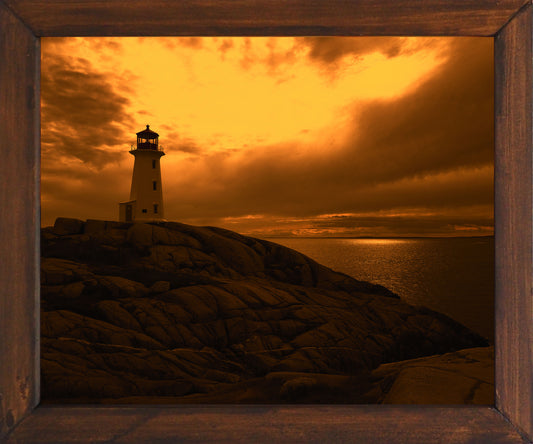  Peggys Cove Lighthouse, Nova Scotia, colors at sunset and sunrise.  Resin-coated 7.25 x 9 inches photography. The wood and varnish frame is handmade. Dimension 8.75 x 10.5 inches.  Ready to hang in a room of your choice.