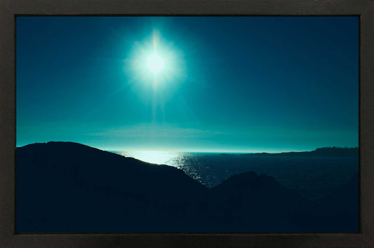 sunset at Peggys Cove, shades of blue,green,turquoise. High-quality 10.5 x 16.5 inches resin-coated photograph in a handmade 12 x 18 inches black wooden frame. This frame is ready to decorate your new room.favorite decor.