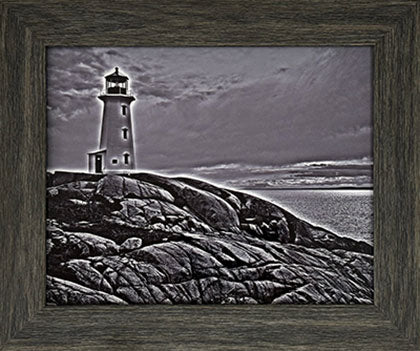 Monochrome photography of Peggys Cove, Nova Scotia. High quality photography 7.5 x 9.5 inches covered with resin in a classic frame 10.25 x 12.25 inches.  Ready to hang in a room of your choice.