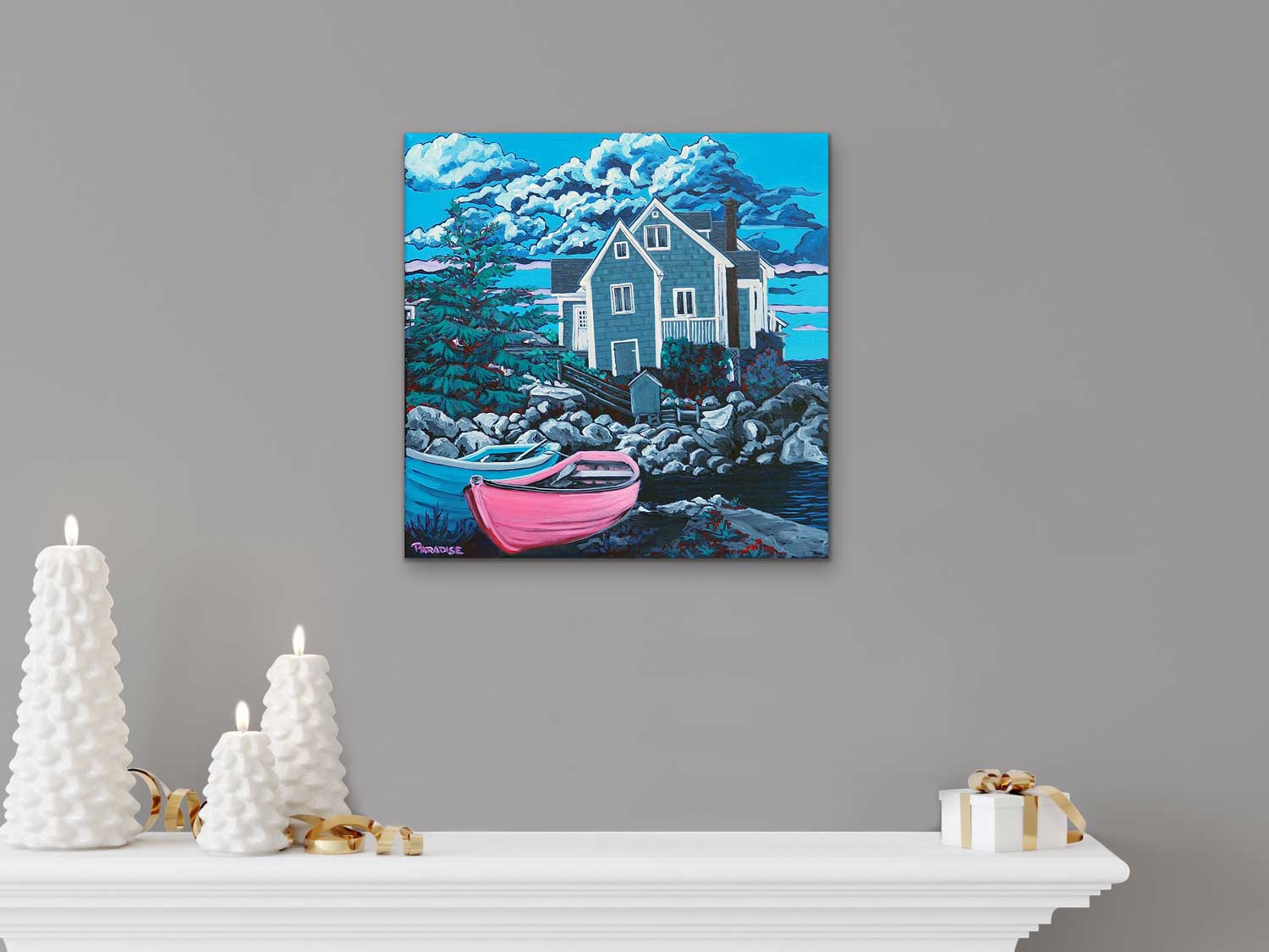 Peggy's Cove cozy peaceful country house with with small boat. Original painting by a professional Canadian landscape artist. visual art ready to hang on your wall.