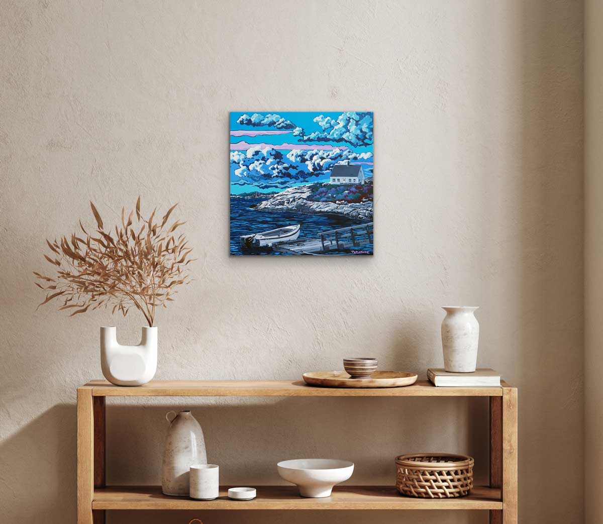 Peggy's Cove cozy peaceful country house with with small boat. Original painting by a professional Canadian landscape artist. visual art ready to hang on your wall.