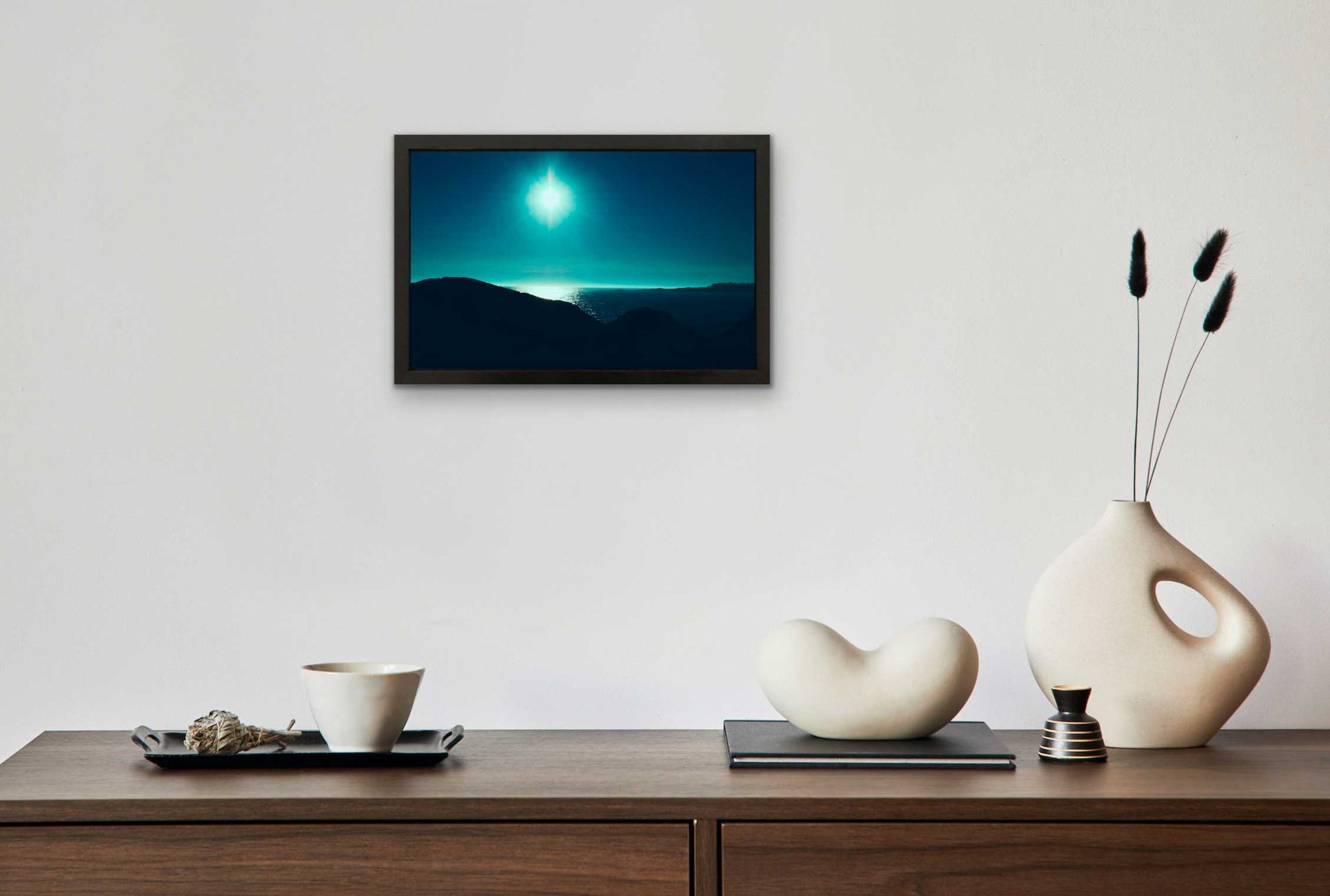 sunset at Peggys Cove, shades of blue,green,turquoise. High-quality 10 x 16 inches resin-coated photograph in a handmade 11.5 x 17.75 inches black wooden frame. This frame is ready to decorate your new room.