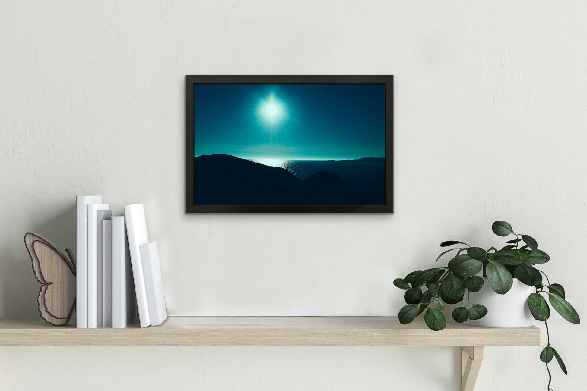 sunset at Peggys Cove, shades of blue,green,turquoise. High-quality 10 x 16 inches resin-coated photograph in a handmade 11.5 x 17.75 inches black wooden frame. This frame is ready to decorate your new room.