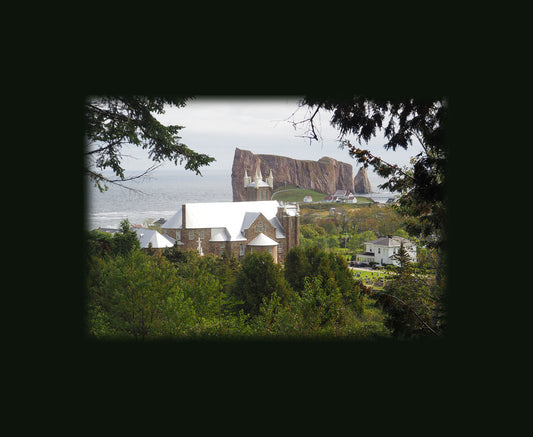 church of Saint-Michel-de-Percé in Québec can be seen in the foreground, with the majestic Percé Rock just behind.  Photography on canvas 12 x 16 inches