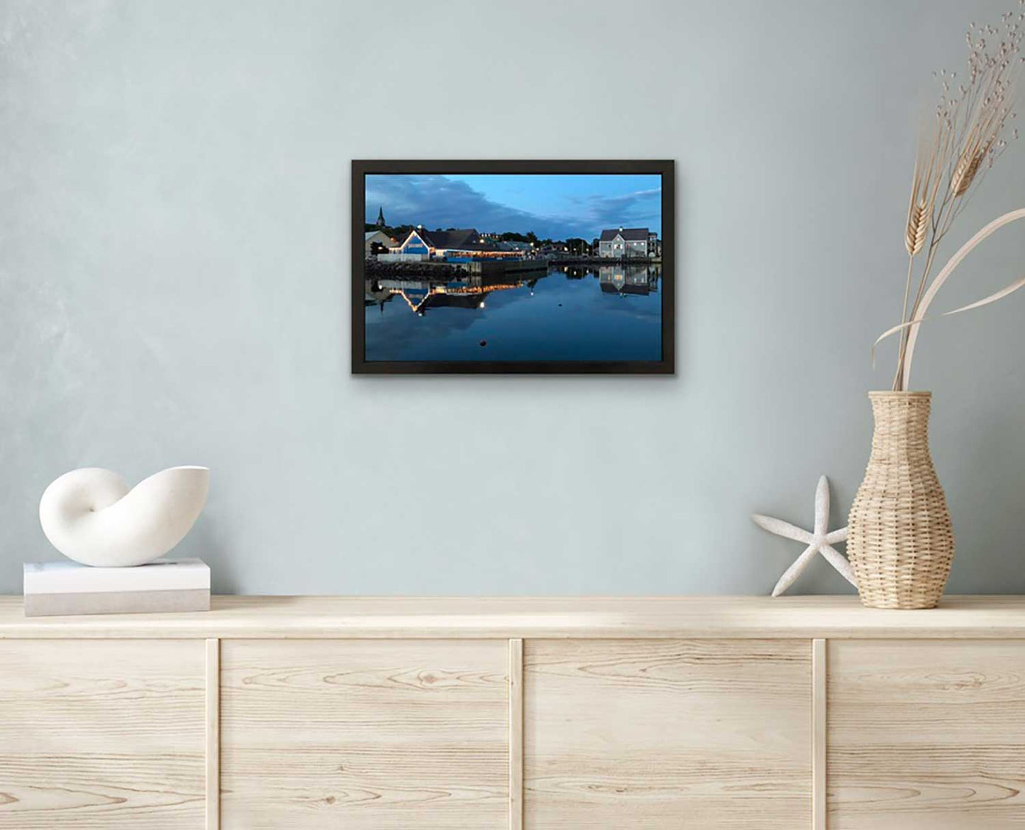 Reflection Pictou Waterfront, on a calm summer night.  10,5 x 16,5 inches photography covered with a thick shinny resin layer on masonite board and a black handmade wooden frame 12 x 18 inches. Ready to hang.