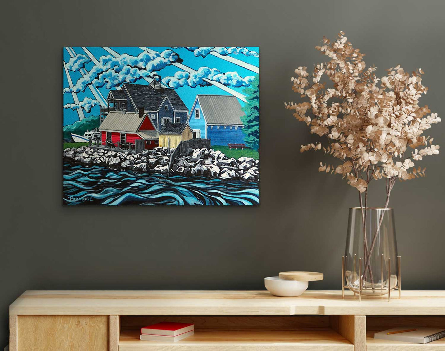 Pictou Harbour part of the Heritage Quay Birth Place of Nova Scotia. A timeless piece of history that brings the beauty of the Canadian Maritimes right to your home. Painted by professional Canadian andscape artist. visual art ready to hang on your wall