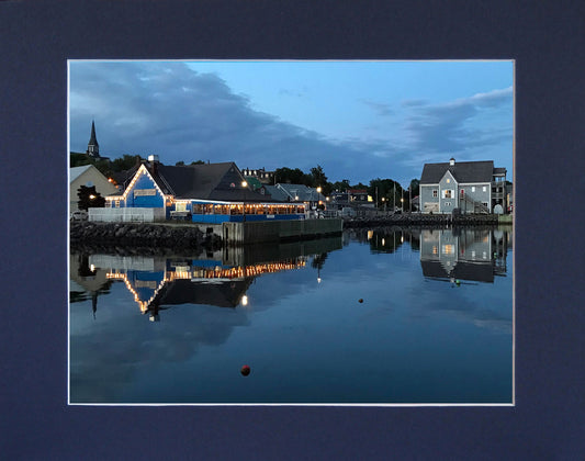 Reflection Pictou Waterfront, on a calm summer night.  Print on hight quality paper 4.5 x 6.5 inches with a navy blue mat 8 x 10 inches.  Place the photography in a frame of your choice and hang it in your favorite decor.