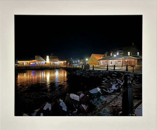 Reflection Pictou Waterfront, on a calm winter night.   High quality photography 13.5 x 10.5 inches covered with resin in a 16 x 13 inches white frame. Ready to hang in a room of your choice.