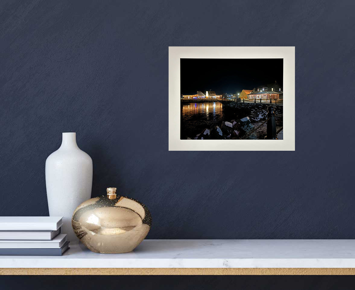 Reflection Pictou Waterfront, on a calm winter night.   High quality photography 13.5 x 10.5 inches covered with resin in a 16 x 13 inches white frame. Ready to hang in a room of your choice.