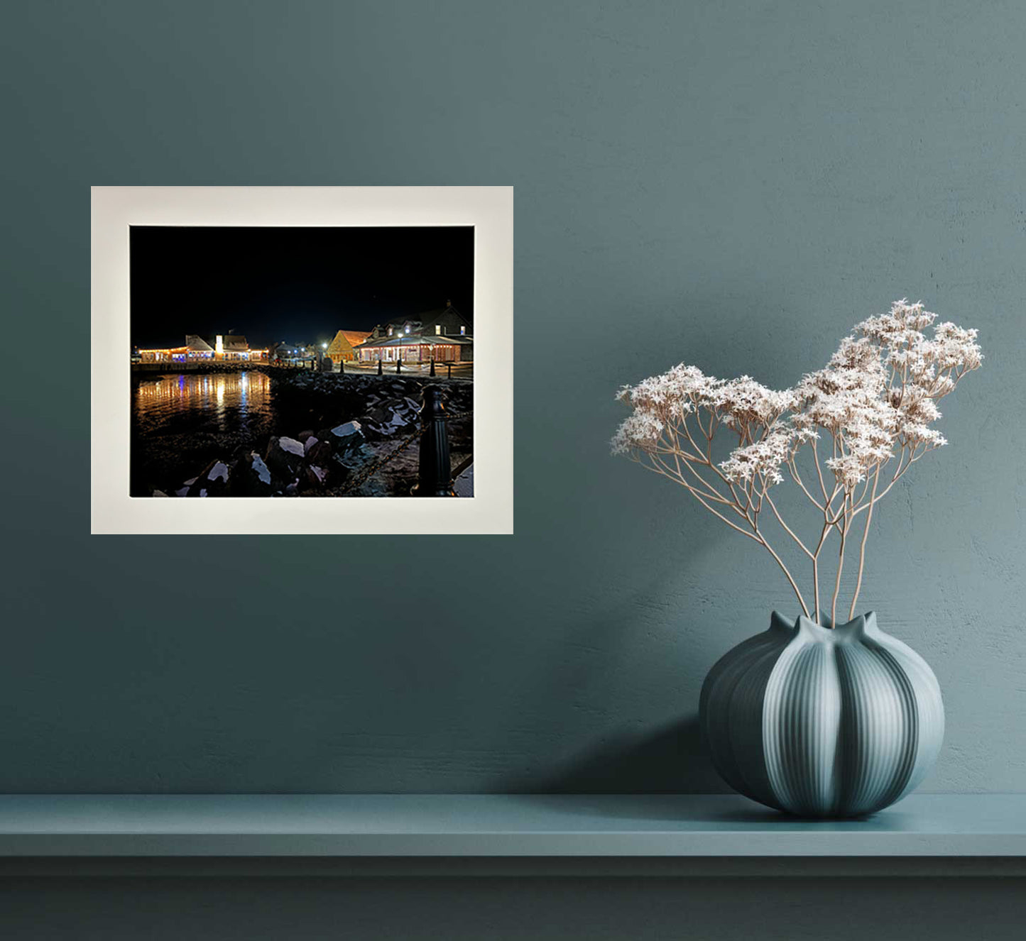 Reflection Pictou Waterfront, on a calm winter night.   High quality photography 13.5 x 10.5 inches covered with resin in a 16 x 13 inches white frame. Ready to hang in a room of your choice.