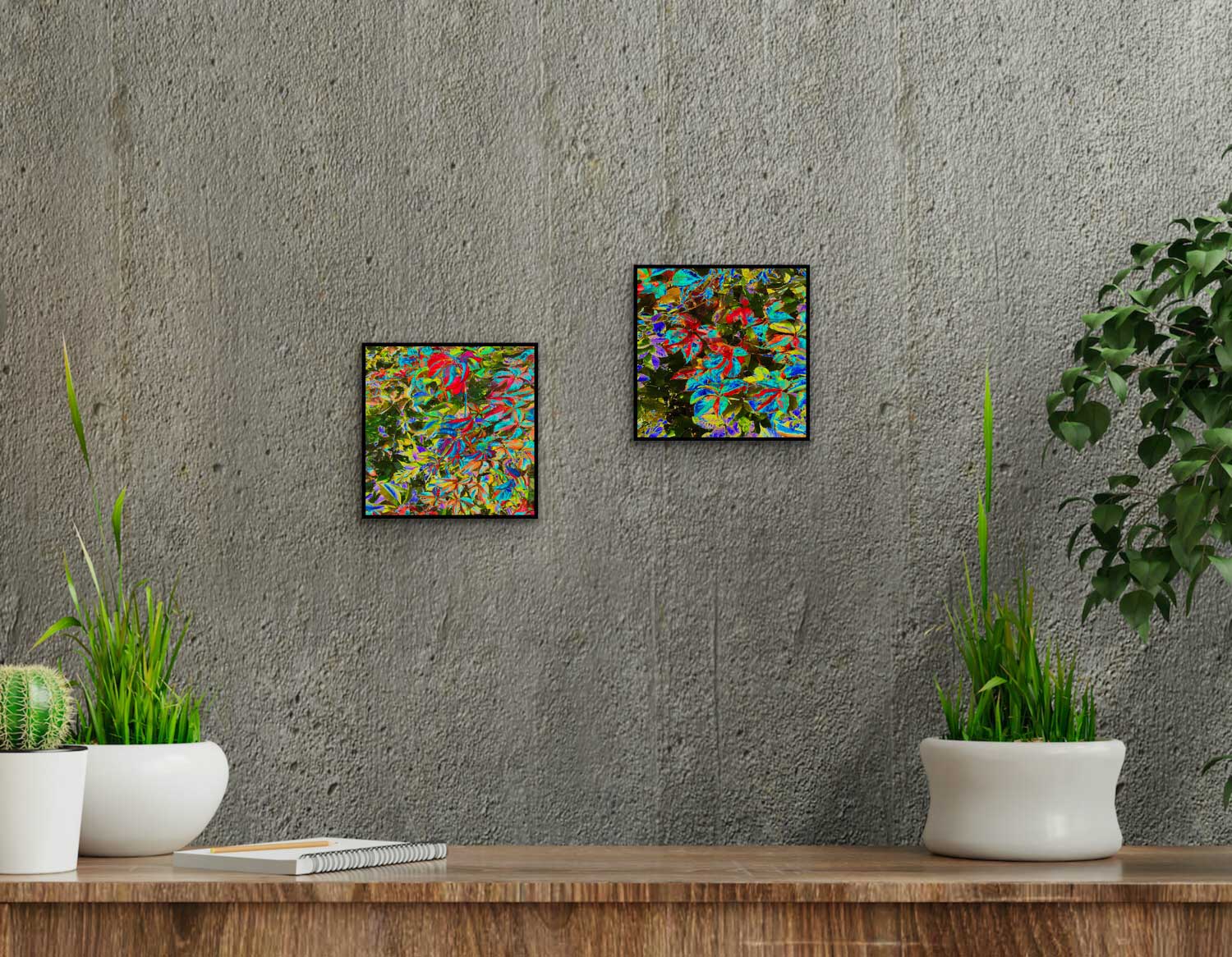 Pinaskin. Autumn leaves, A beautiful way to express vibrant hues of autumn's natural colors and embrace the nature.  Resin-coated 6 x 6-inches photography on a wooden stand.  Ready-to-hang in your home.