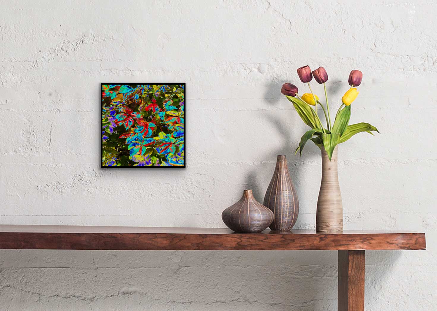 Pinaskin. Autumn leaves, A beautiful way to express vibrant hues of autumn's natural colors and embrace the nature.  Resin-coated 6 x 6-inches photography on a wooden stand.  Ready-to-hang in your home.