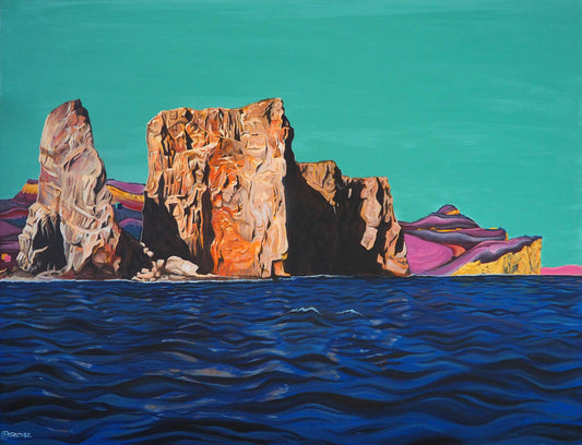 Large modern unique painting Percé Rock in Gaspésie original painting by a professional Canadian landscape artist. visual art ready to hang on your living room or office wall.