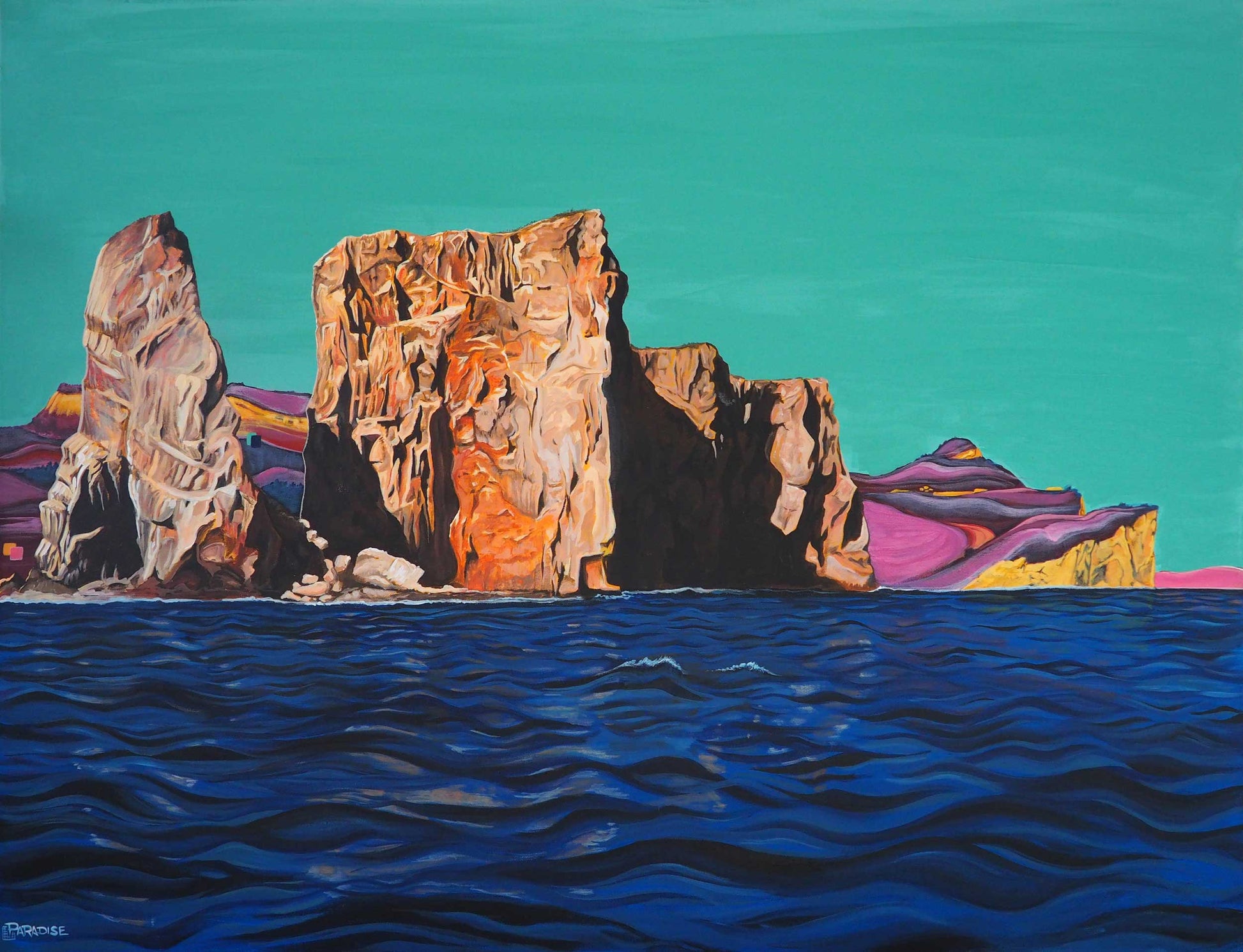 Large modern unique painting Percé Rock in Gaspésie original painting by a professional Canadian landscape artist. visual art ready to hang on your living room or office wall.