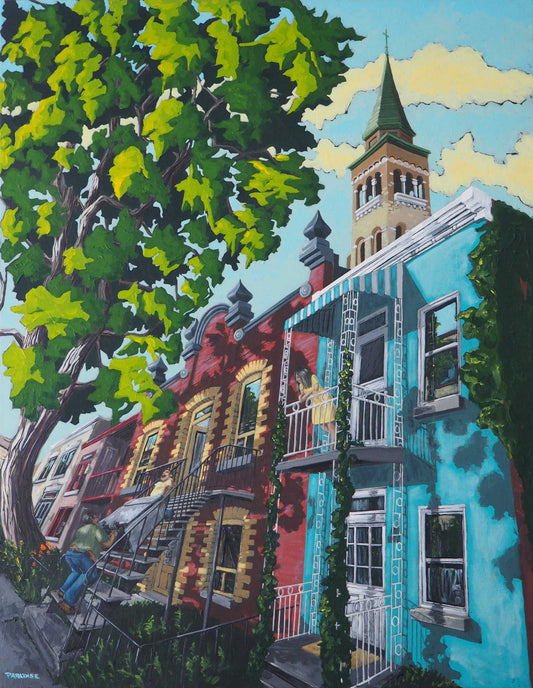 Large modern unique painting of movers bringing refrigerator up the stairs on the 1st on July. Large tree with red and blue historical buildings. in a typical Plateau mont-royal urban scene original painting by a professional Canadian landscape artist. visual art ready to hang on your wall.