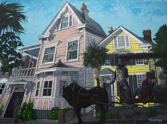 Large modern unique painting Stunning residences in Charleston, Georgia can be found along Queen Street, basking in the warm glow of the afternoon sun while tourists leisurely ride in a horse-drawn carriage. The vibrant hues of yellow and pink contrast beautifully against the blue sky and palm trees of the south. Original painting by a professional Canadian landscape artist. visual art ready to hang on your wall.