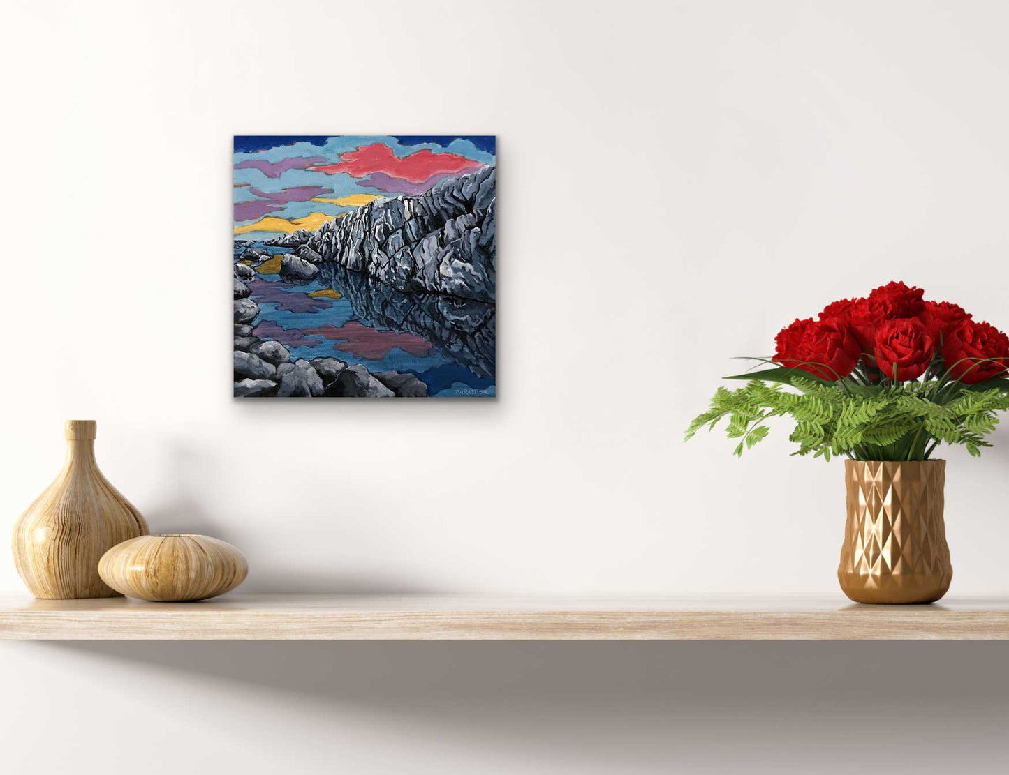 Mirrored reflections from picturesque rock formations at Cape Forchu near Yarmouth, Nova Scotia are contrasted by vibrant hues of fuchsia, yellow, and violet in the sky above. Original painting by a professional Canadian landscape artist. visual art ready to hang on your wall.