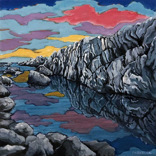 Mirrored reflections from picturesque rock formations at Cape Forchu near Yarmouth, Nova Scotia are contrasted by vibrant hues of fuchsia, yellow, and violet in the sky above. Original painting by a professional Canadian landscape artist. visual art ready to hang on your wall.