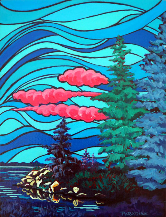 Colourful vibrant blue sky with pink clouds representing a typical Atlantic coast scene with mossy trees and reflexion in water. Original modern painting by a professional Canadian landscape artist. visual art ready to hang on your wall.
