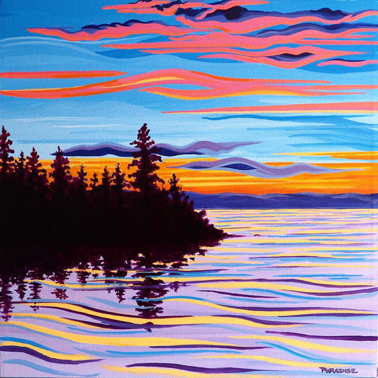 Toney River Wharf, in a beautiful sunset of pyroll orange, indigo and neon pink. nova scotia Northumberland strait. ocean view, beach Toney River Wharf, Nova Scotia in a beautiful sunset of pyroll orange, indigo and neon pink. Calm waters, from the Northumberland strait, soothing ripples.. Original painting by a professional Canadian landscape artist. visual art ready to hang on your wall.