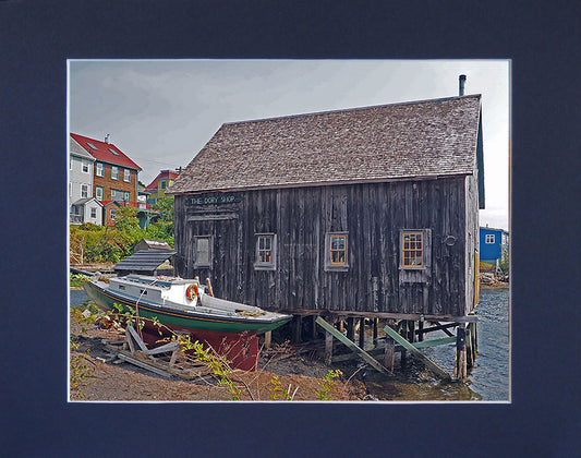 The Dory Shop in Lunenburg Nova Scotia has been building dories and other wooden boats since 1917. Print on hight quality paper 11 x 13,75 inches with a navy blue mat 14,5 x 17,5 inches. Place the photography in a frame of your choice and hang it in your favorite decor.