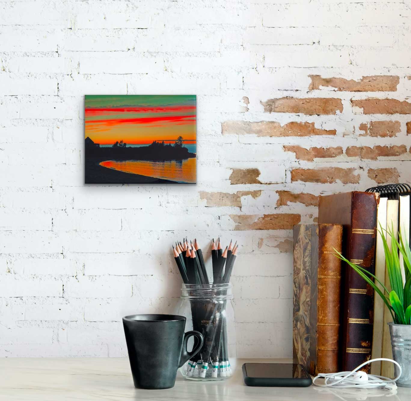 Vibrant hues of turquoise, pyroll orange, and crimson red illuminate Toney River's sunset. Colors blend to create a beautiful and calming effect.  This 8 x 10 inches photography is professionally coated in thick resin and ready-to-hang in your favorite room. 