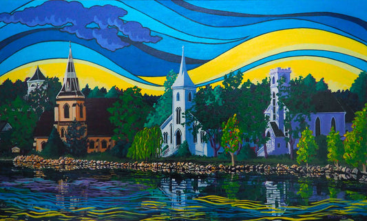 Mahone Bay's renowned three churches, stoically posed against a kaleidoscope of yellow and azure. High quality giclée print on thick gallery style canvas from an Original painting by a professional Canadian landscape artist. visual art ready to hang on your wall.