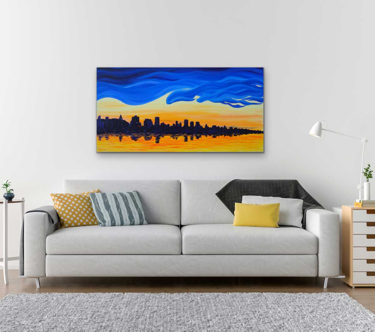 Large modern unique painting. Discover the breathtaking beauty of Downtown Montréal from the remarkable vantage point of Champlain Bridge. Original painting by a professional Canadian landscape artist. visual art ready to hang on your office or livingroom wall.