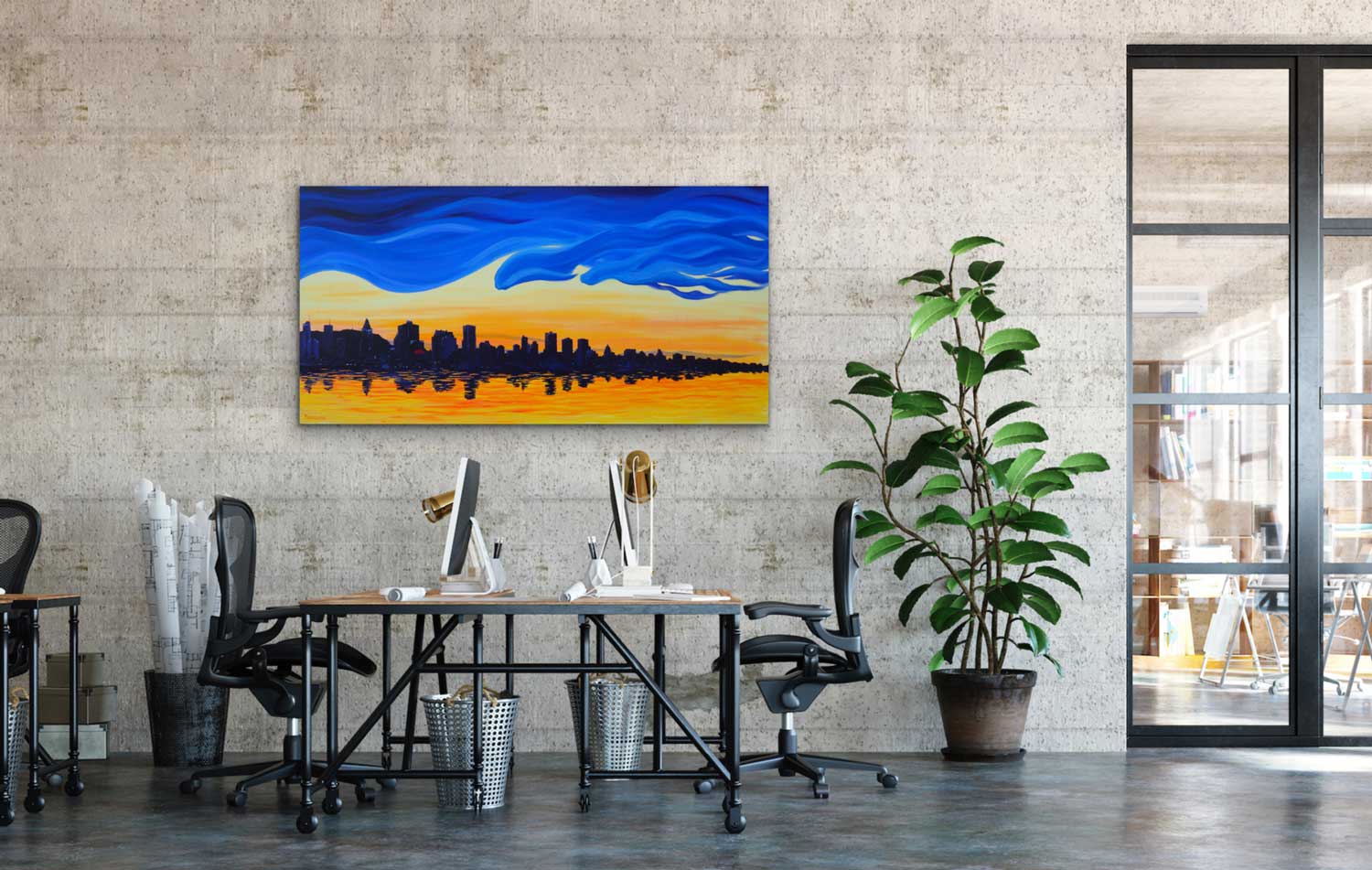 Large modern unique painting. Discover the breathtaking beauty of Downtown Montréal from the remarkable vantage point of Champlain Bridge. Original painting by a professional Canadian landscape artist. visual art ready to hang on your office or livingroom wall.
