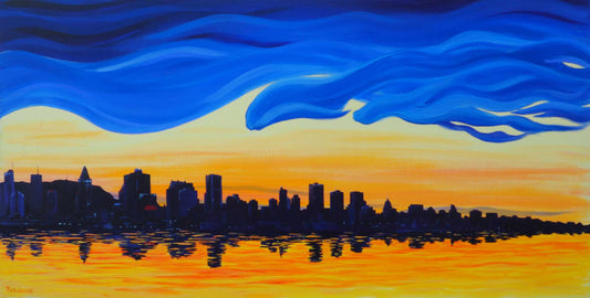 Large modern unique painting. Discover the breathtaking beauty of Downtown Montréal from the remarkable vantage point of Champlain Bridge. Original painting by a professional Canadian landscape artist. visual art ready to hang on your office or livingroom wall.