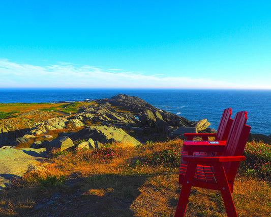 red chairs and admire the sea and the beauty of the landscape...  Cape Forchu in Nova Scotia offers splendid sea views.   Photograph 7.5 x 9.5 inches in a 9 x 11 inches gray frame protected by glass.  Ready to install in your favorite room.