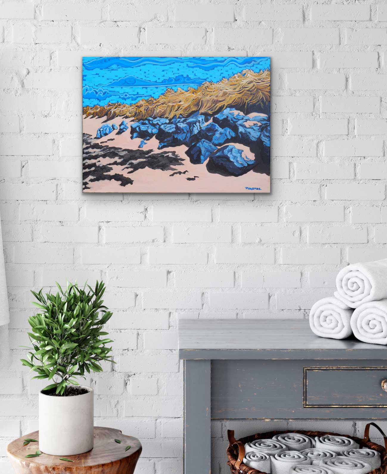 nova scotia painting of the beach by a professional canadian landscape artist. visual art ready to hang on your wall.