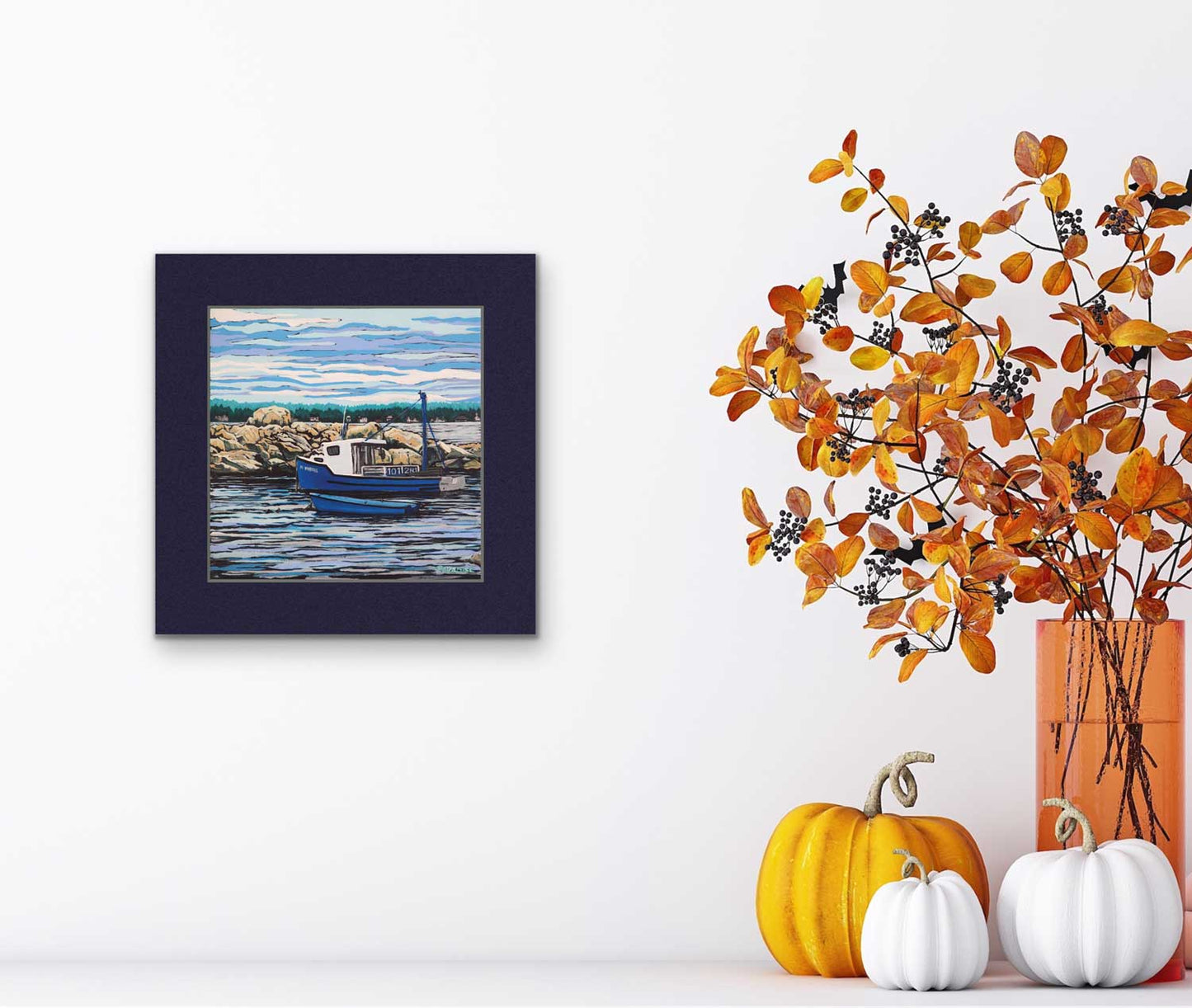 Blue Fishing Boat at Blue Rocks Nova Scotia on the Atlantic coast, high quality print from an original painting by a professional Canadian landscape artist. visual art ready to hang on your wall.