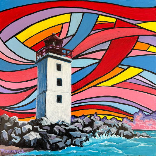 Caribou Island lighthouse nova scotia, rainbow coloured sky. Original small painting by a professional Canadian landscape artist. visual art ready to hang on your wall.