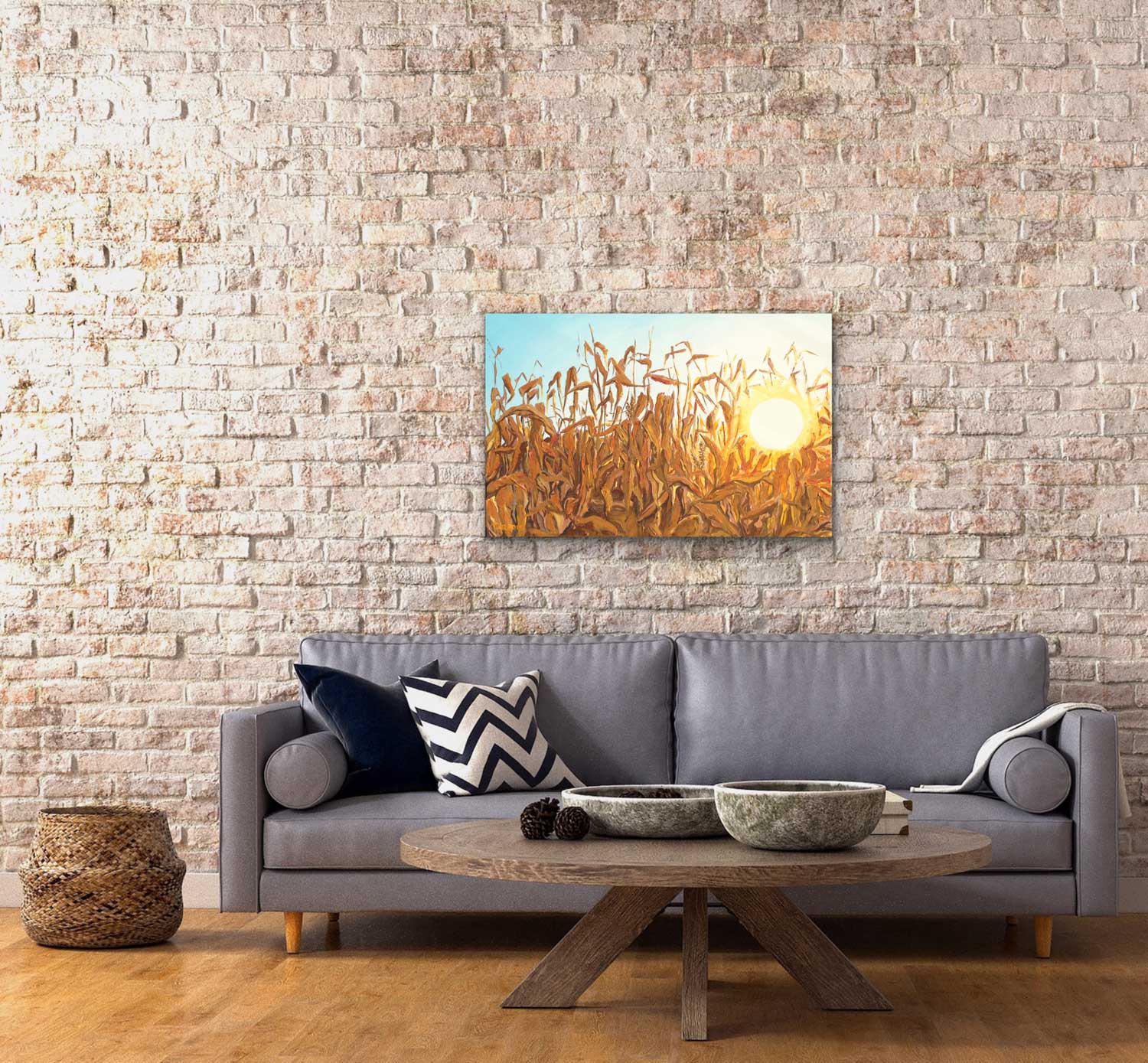 Dry autumn corn stalk field illuminated by the sunlight. high quality giclee print on canvas by a professional canadian urban landscape artist. visual art ready to hang on your wall.