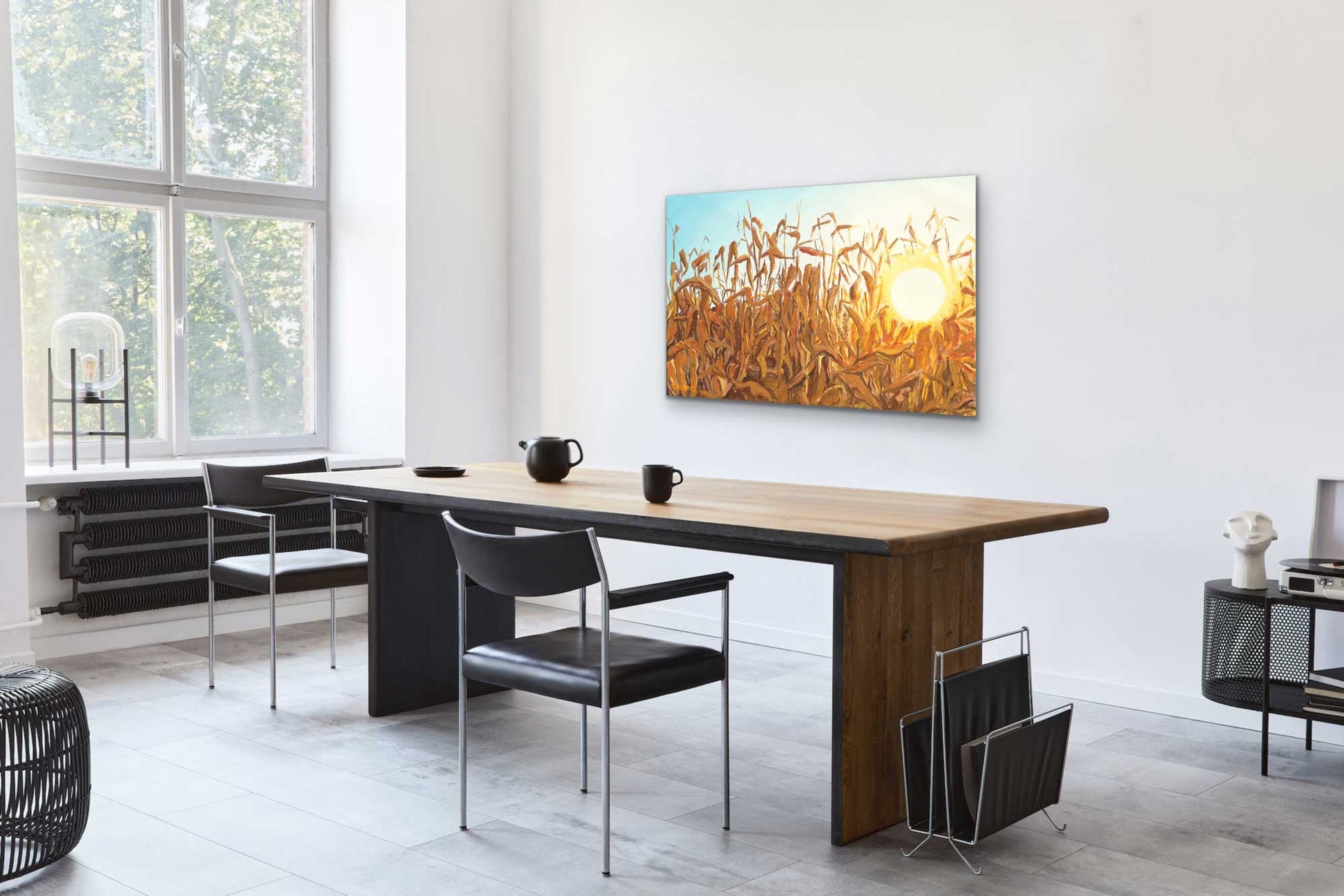Dry autumn corn stalk field illuminated by the sunlight. high quality giclee print on canvas by a professional canadian urban landscape artist. visual art ready to hang on your wall.