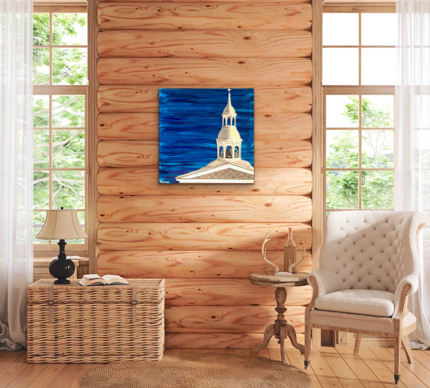 country church spire with blue sky background, original painting by a professional canadian urban landscape artist. visual art ready to hang on your wall.