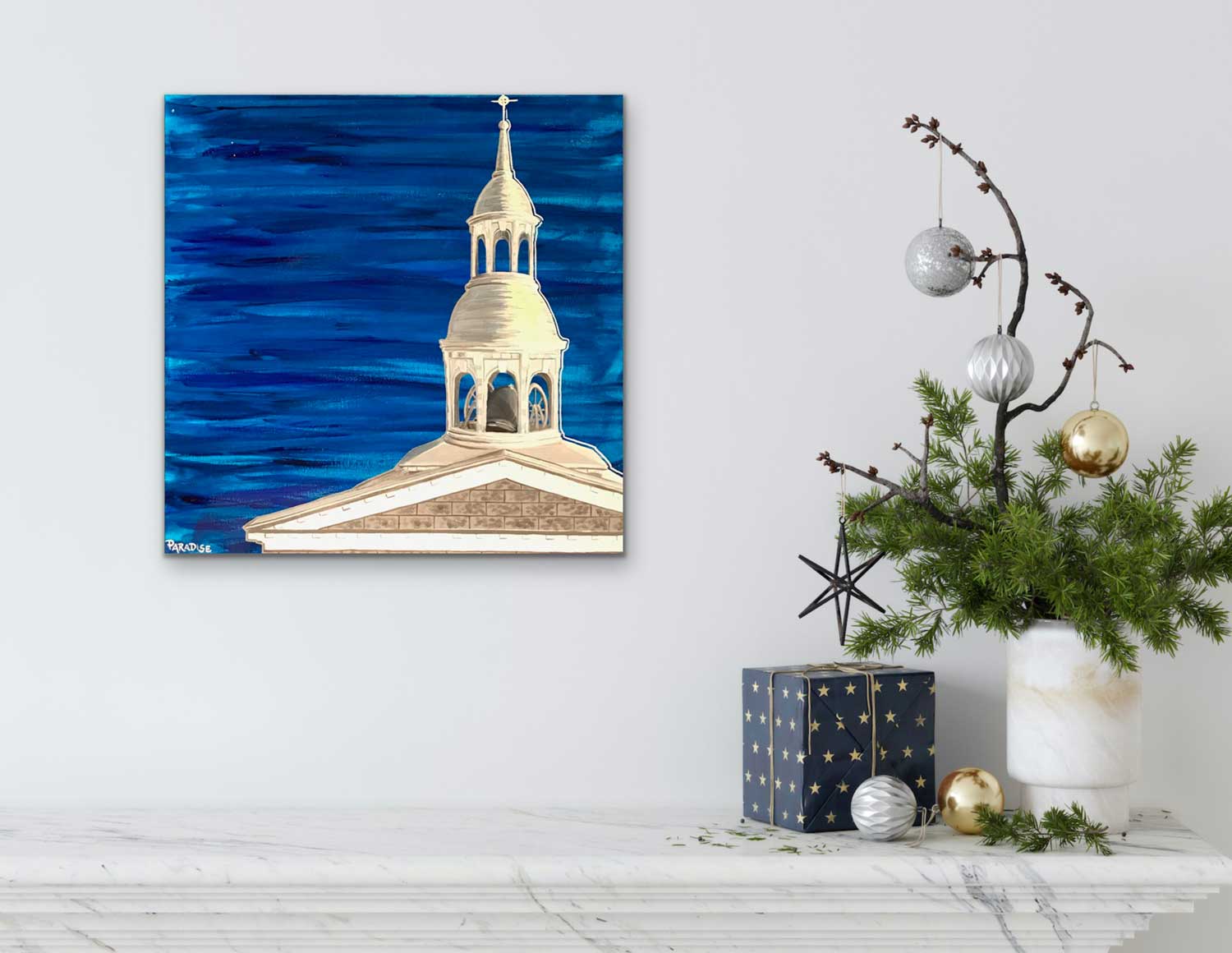 country church spire with blue sky background, original painting by a professional canadian urban landscape artist. visual art ready to hang on your wall.