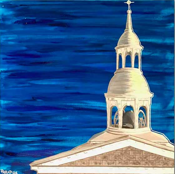 country church spire with blue sky background, original painting by a professional canadian urban landscape artist. visual art ready to hang on your wall.