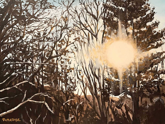 Sun backlight country scene .original painting by a professional canadian landscape artist. visual art ready to hang on your wall.